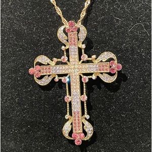 Multi Crystal Rhinestone Big Cross Brooch Pin&Pendant w 19” Stamped 14KGP Chain